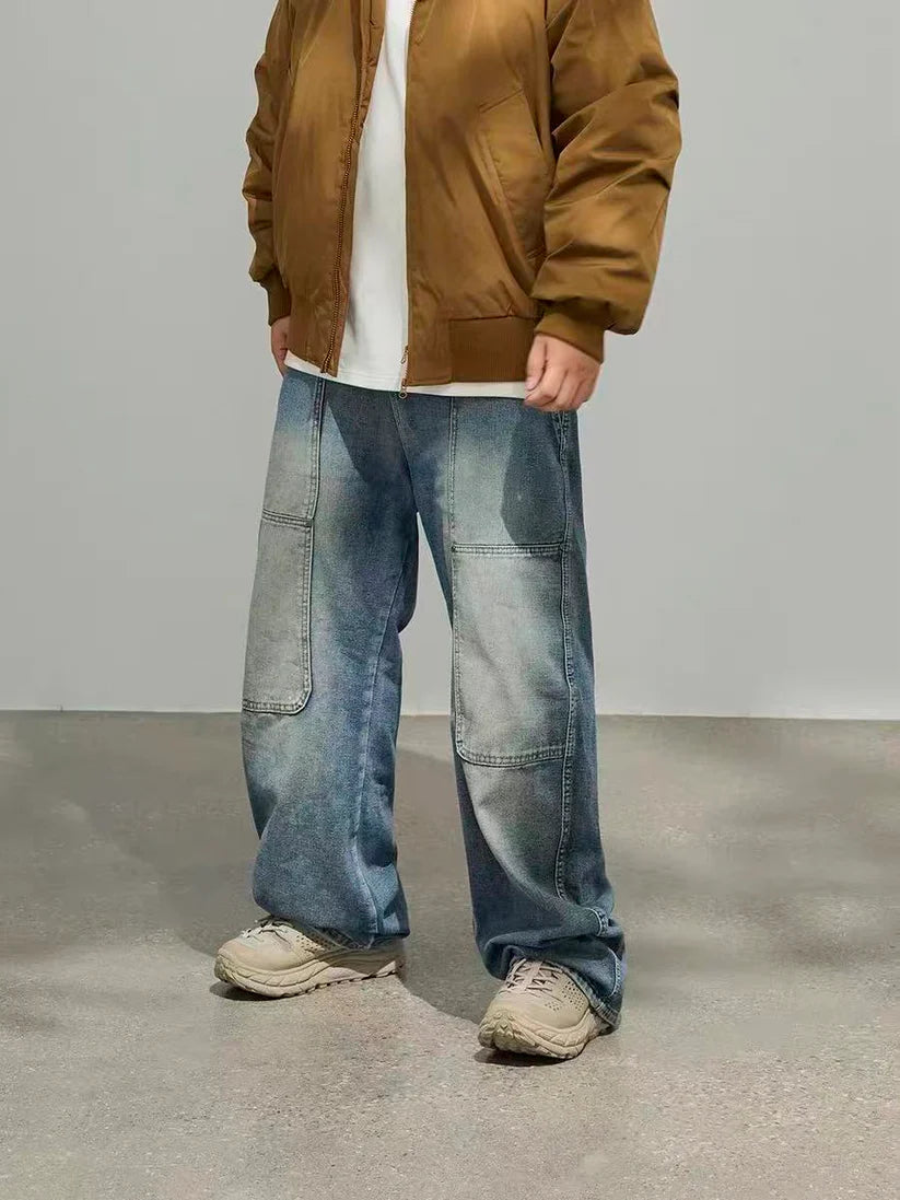 Fall 2025 Men's Original Denim Jeans American Retro High Street Straight Leg Loose Fit Casual Trousers with Rivets Logging De...