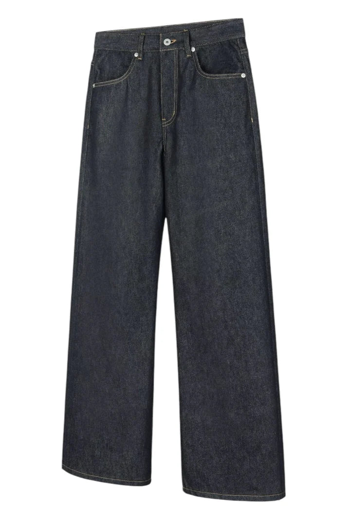 High Waist Black Loose Straight Leg Micro Flared Jeans 15oz Hard Original Vintage High Waist Denim Pants for Men