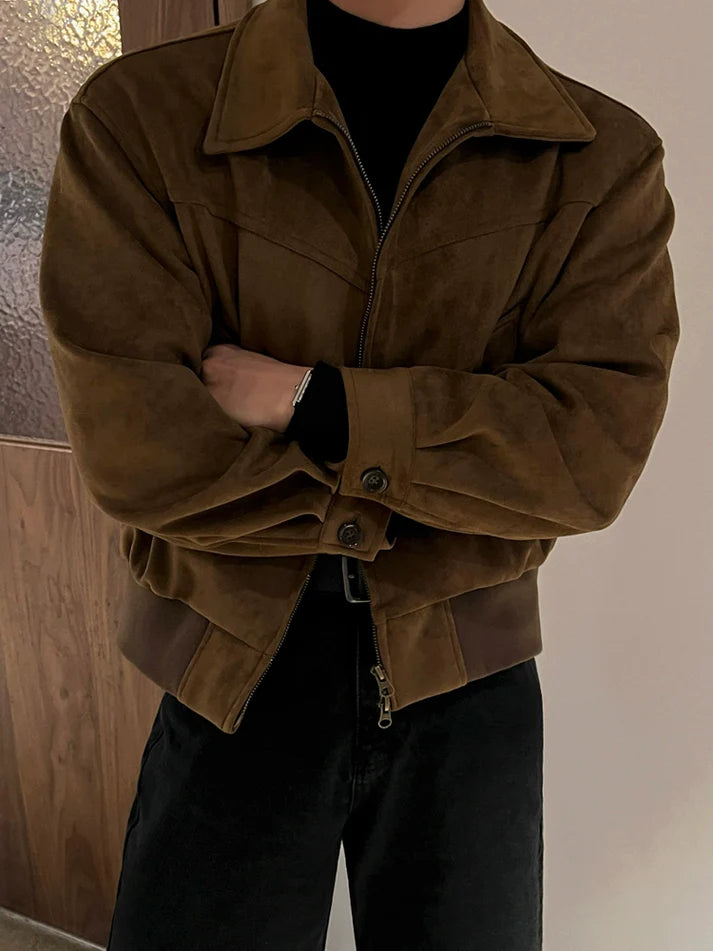 Retro American Style Zipper Collar Short Jacket Youth Fashion Wear Resistant Pure Color Casual Outerwear for Men