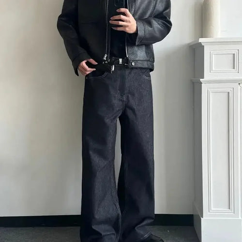 Jean homme taille haute noir coupe droite large denim vintage épais