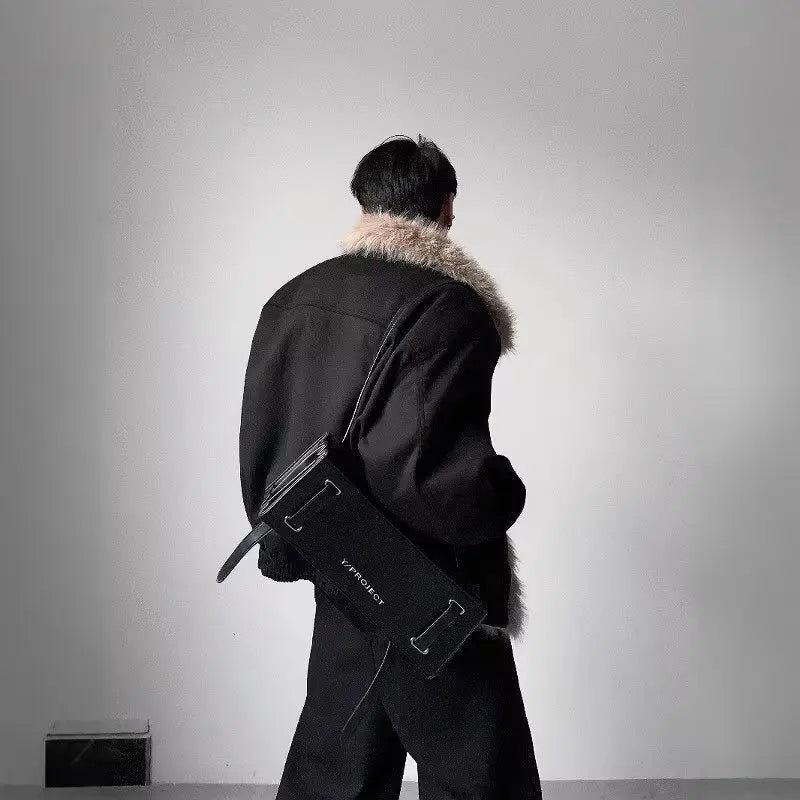 High-end big fur collar cleanfit seat mountain carving jacket men's winter velvet short jacket cotton clothes