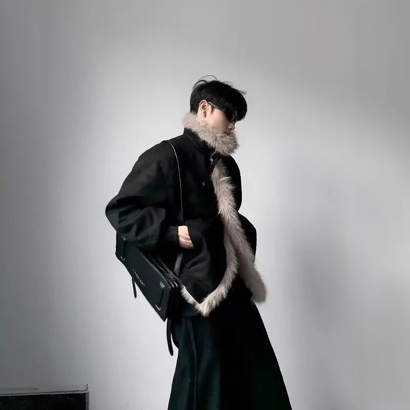 High-end big fur collar cleanfit seat mountain carving jacket men's winter velvet short jacket cotton clothes