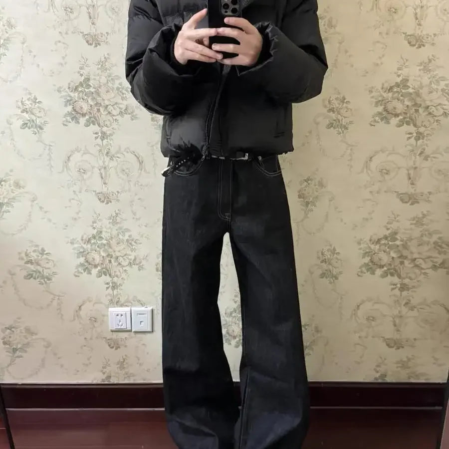 High Waist Black Loose Straight Leg Micro Flared Jeans 15oz Hard Original Vintage High Waist Denim Pants for Men