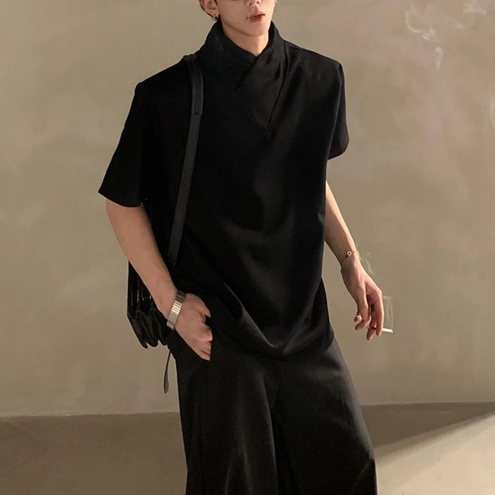 Autumn niche high-end sense stack collar silhouette long-sleeved T-shirt men's loose heavy ruffian handsome top