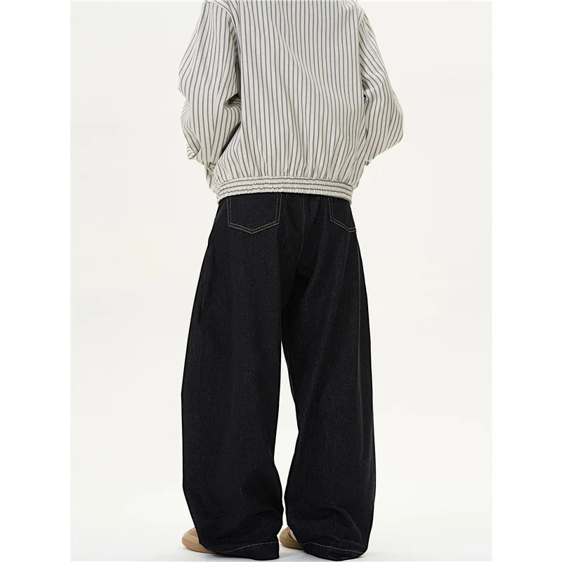 Retro American Denim Black Wide Leg Knife Edge Jeans Unisex Straight Loose Casual Trousers Straight Cut Loose Fit Casual Jeans