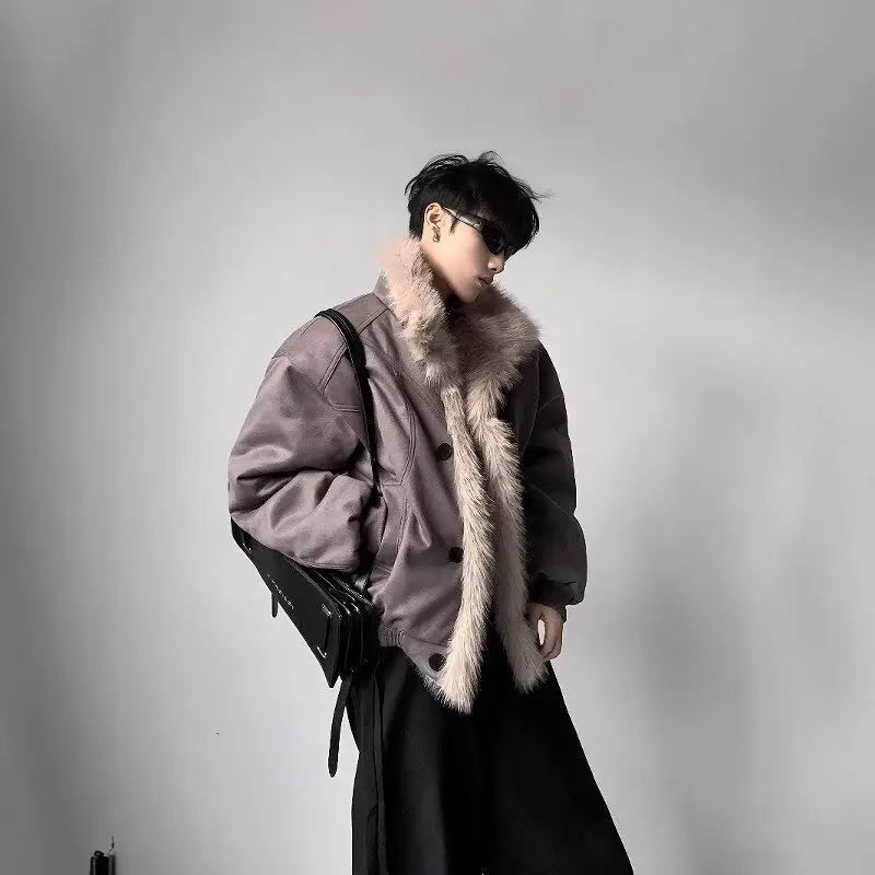 High-end big fur collar cleanfit seat mountain carving jacket men's winter velvet short jacket cotton clothes