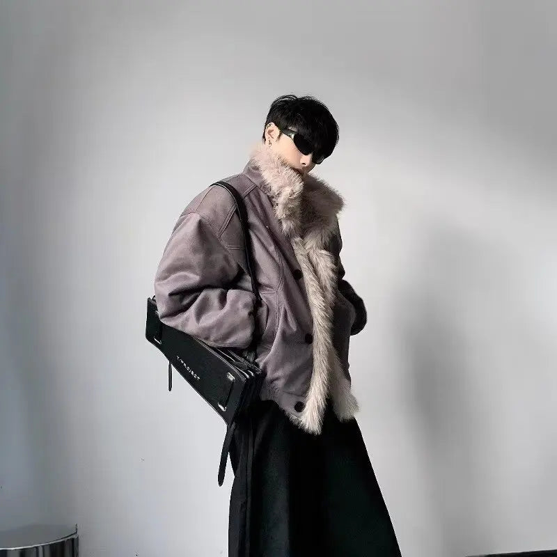 High-end big fur collar cleanfit seat mountain carving jacket men's winter velvet short jacket cotton clothes