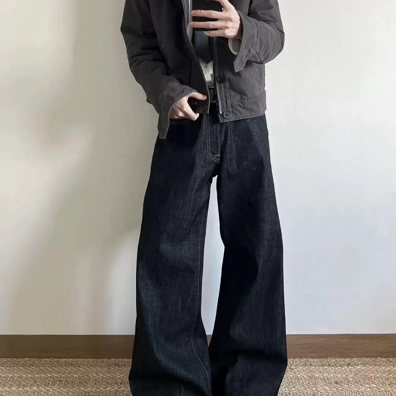 High Waist Black Loose Straight Leg Micro Flared Jeans 15oz Hard Original Vintage High Waist Denim Pants for Men