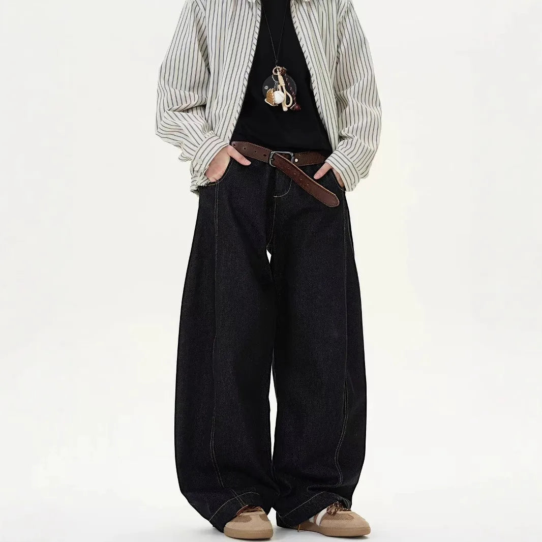 Retro American Denim Black Wide Leg Knife Edge Jeans Unisex Straight Loose Casual Trousers Straight Cut Loose Fit Casual Jeans